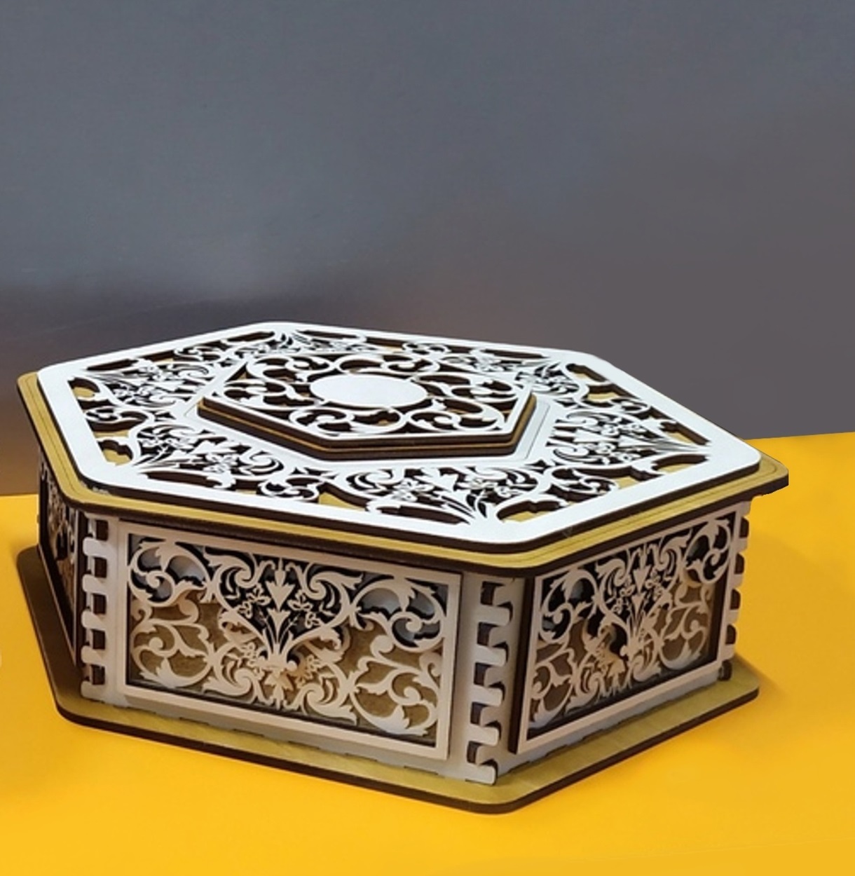 Laser Cut Decorative Hexagonal Gift Box Free Vector