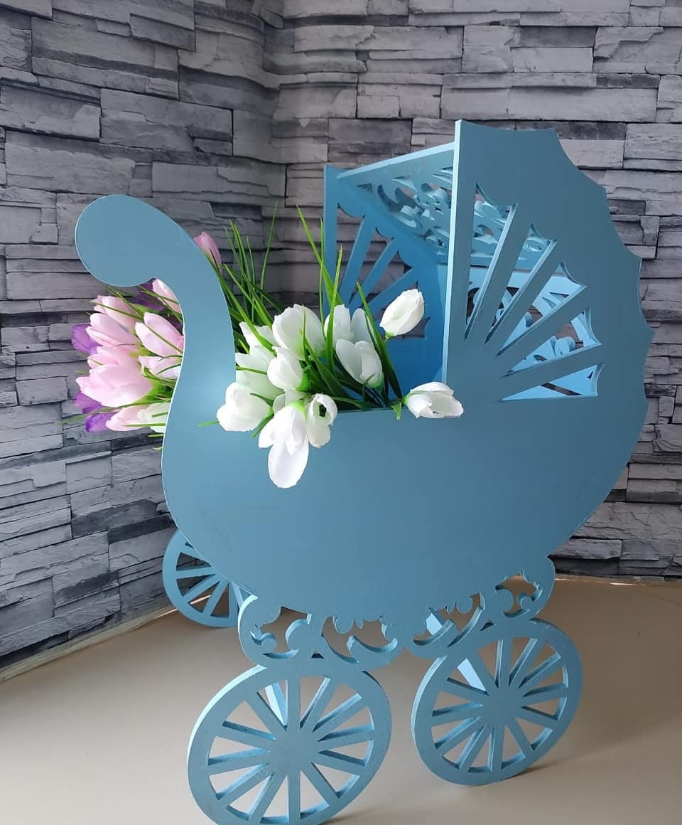 Laser Cut Baby Buggy Planter Flower Stand Free Vector