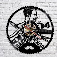 Laser Cut Barbershop Vinyl Record Wall Clock Barber Shop Decor DXF File