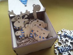 Laser Cut Gift Box With Ribbon Christmas Tree Engraved Snowflake Toys Monkey Dinosaurs Giraffe Cat Free Vector